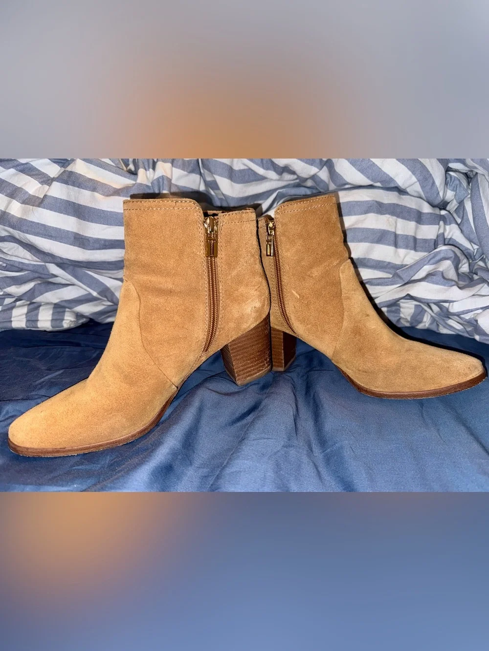 Tory Burch Tan Suede Zip Block-Heel Ankle Boots